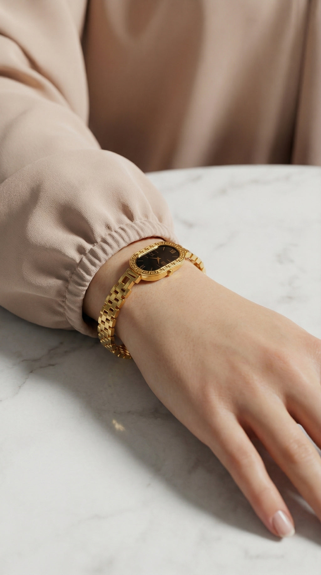 Luxury Greek Key Oval Watch – Gold & Onyx