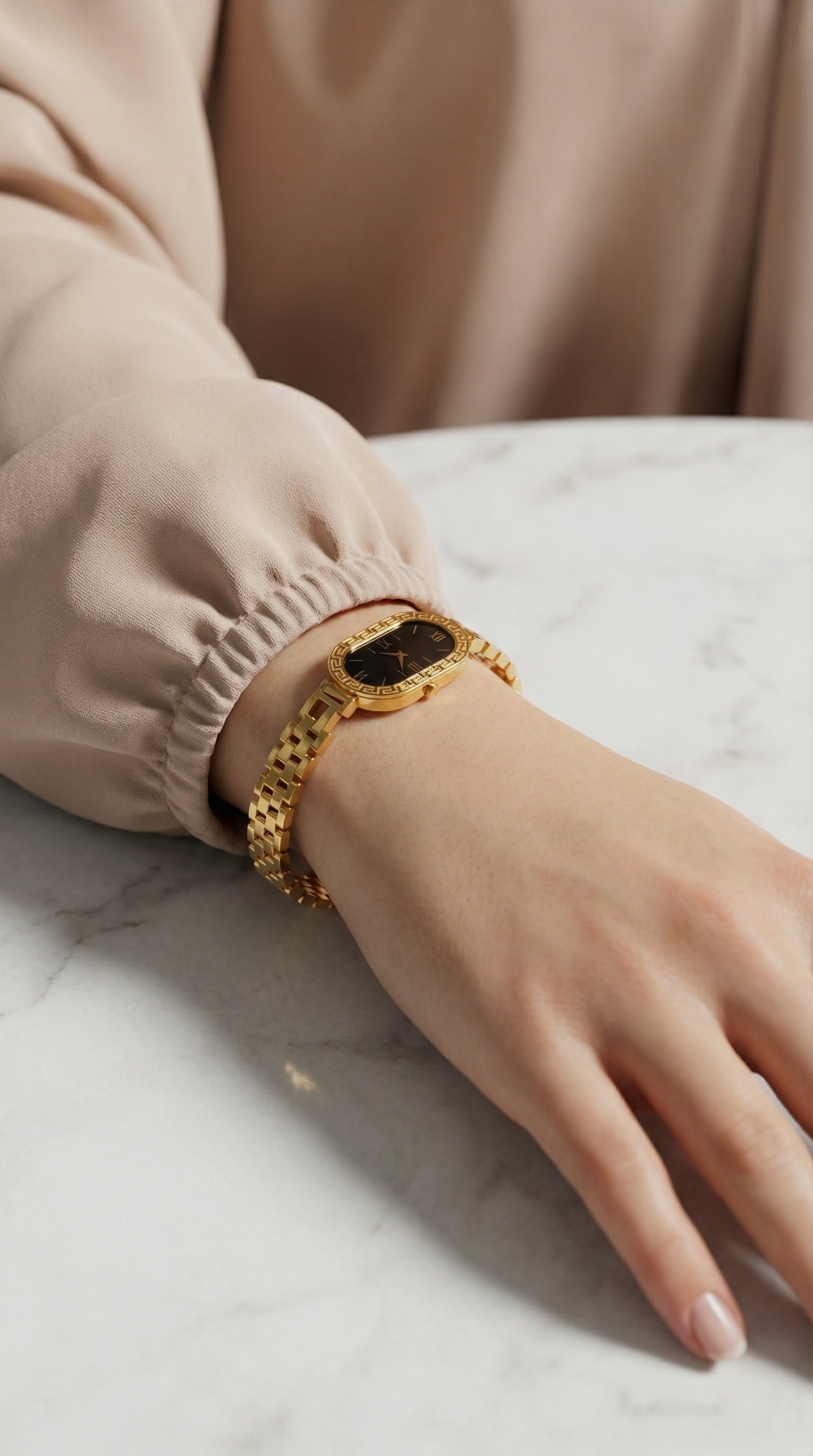 Luxury Greek Key Oval Watch – Gold & Onyx