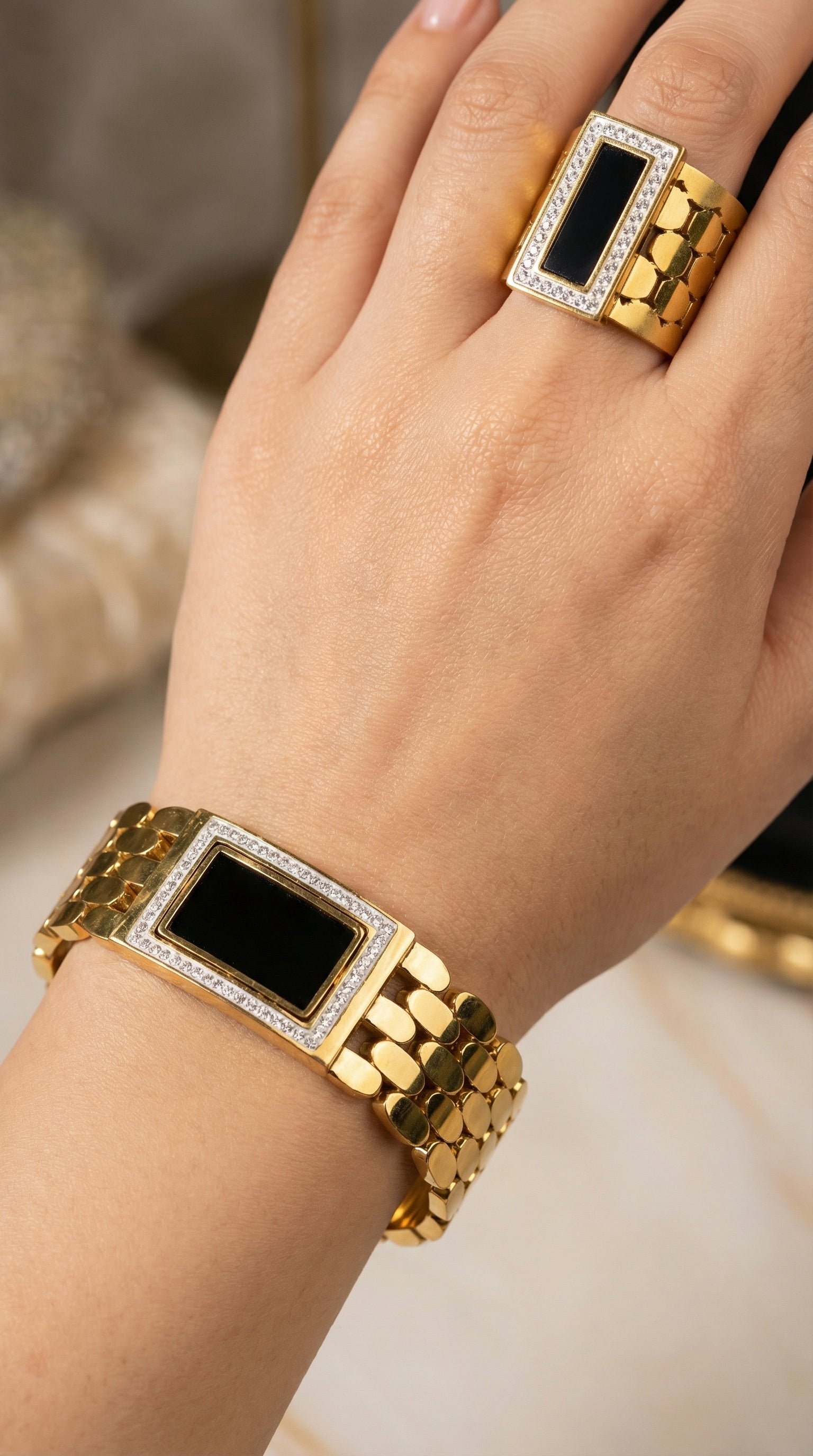 Modern Black & Gold Stainless Steel Statement Jewelry Set