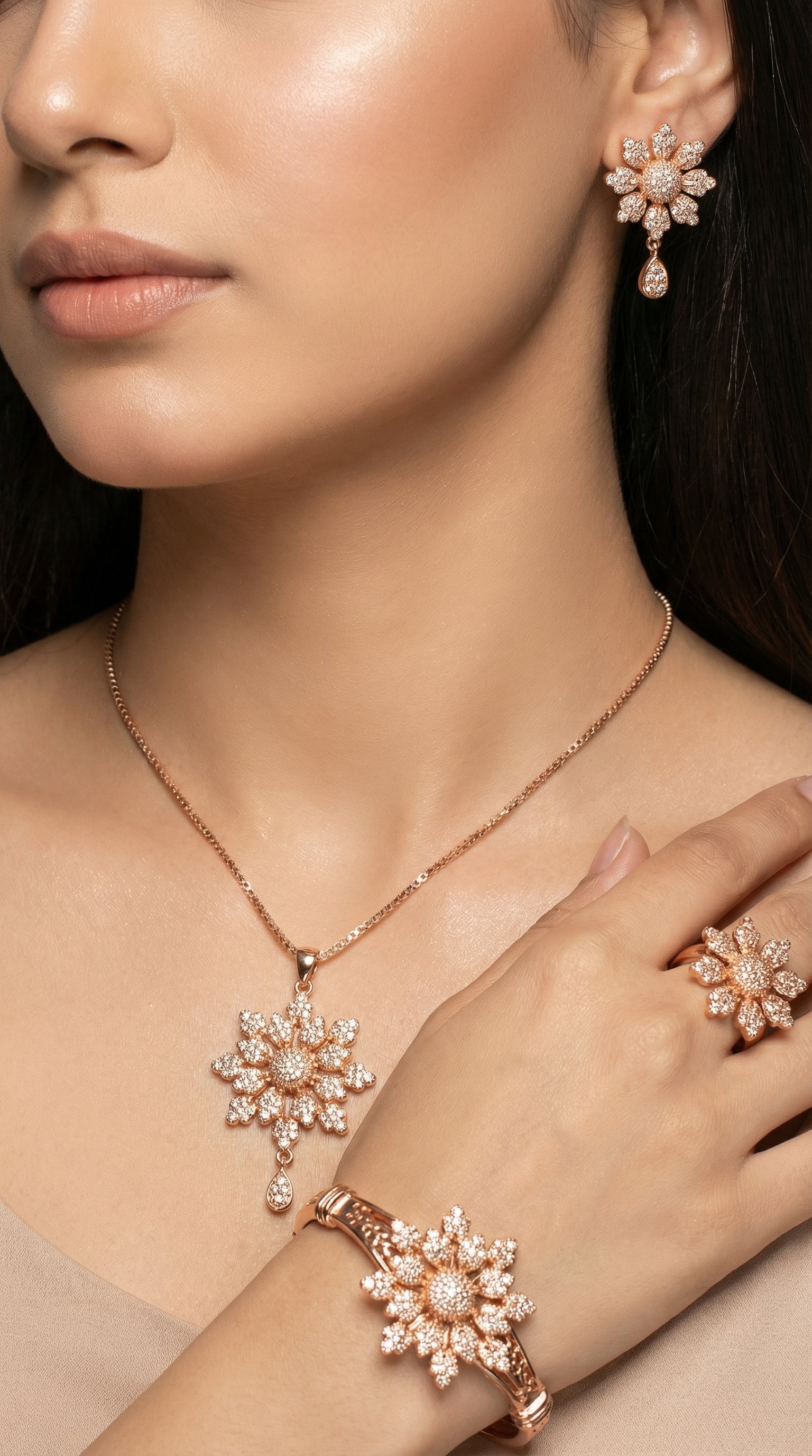 Rose Gold Stainless Steel Floral Snowflake Jewelry Set