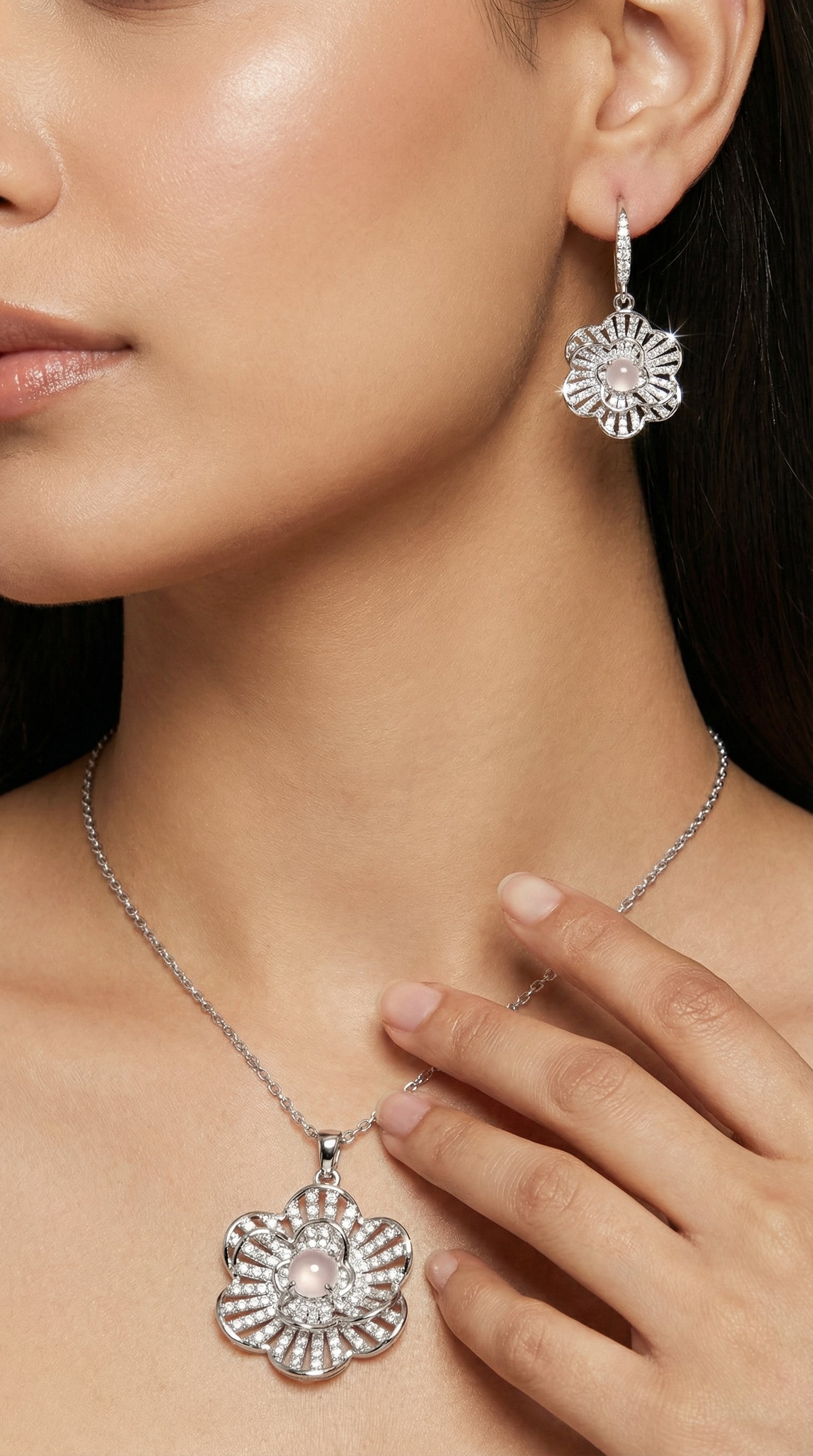 Stainless Steel Silver Flower Necklace Duo with Teardrop Accents