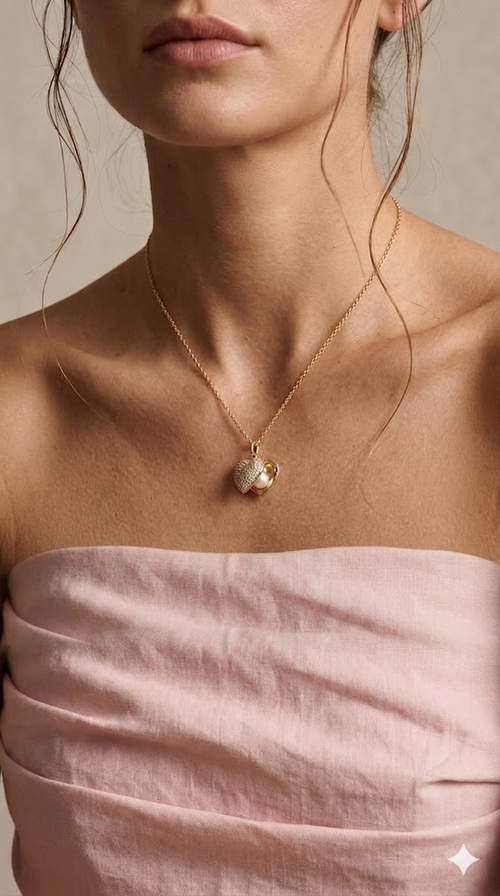 Close-up of a necklace with a heart pendant worn by a person in a pink top.
