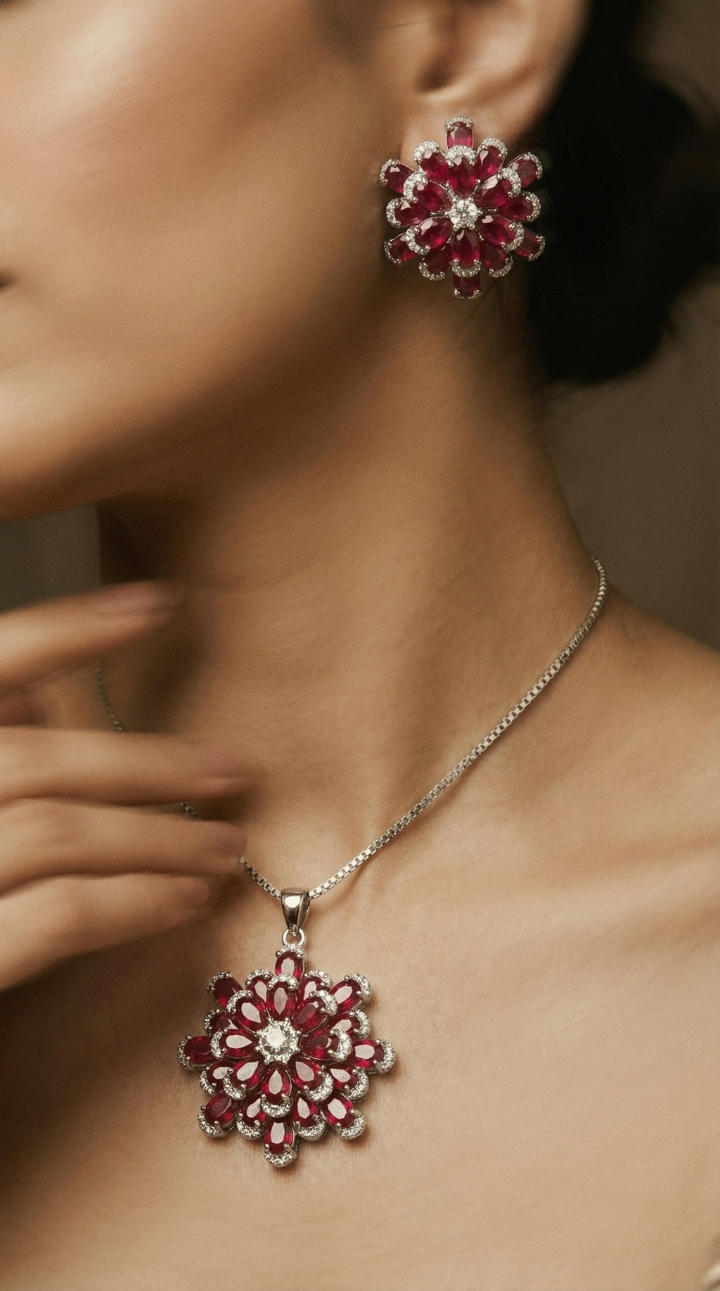 Red Ruby Floral Stainless Steel Jewelry Set – Necklace & Stud Earrings