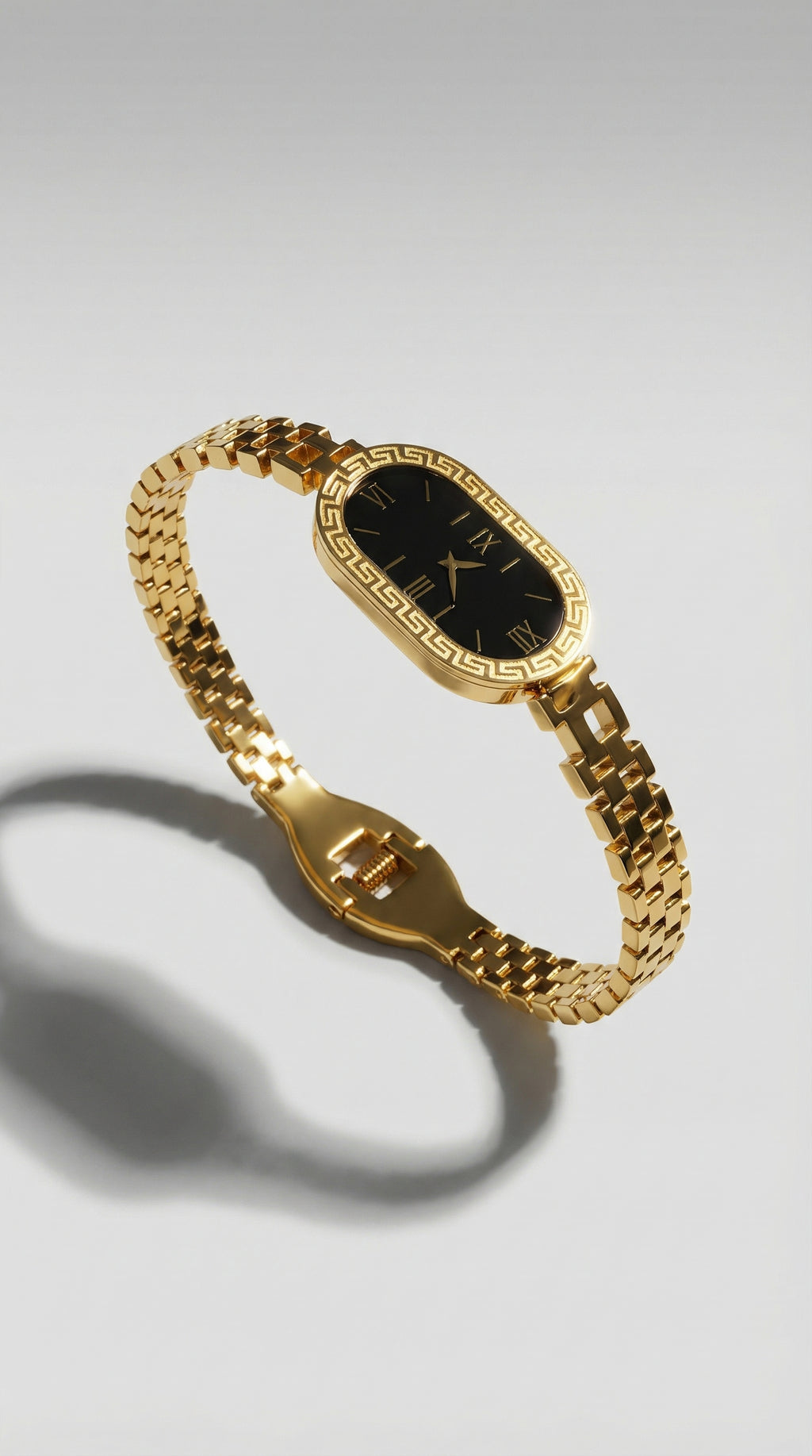 Luxury Greek Key Oval Watch – Gold & Onyx