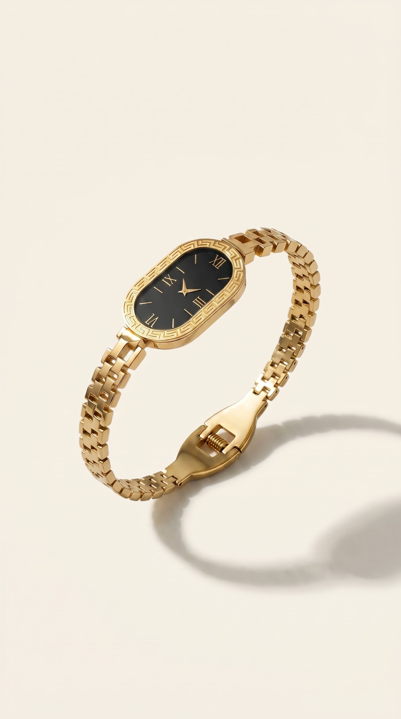 Luxury Greek Key Oval Watch – Gold & Onyx