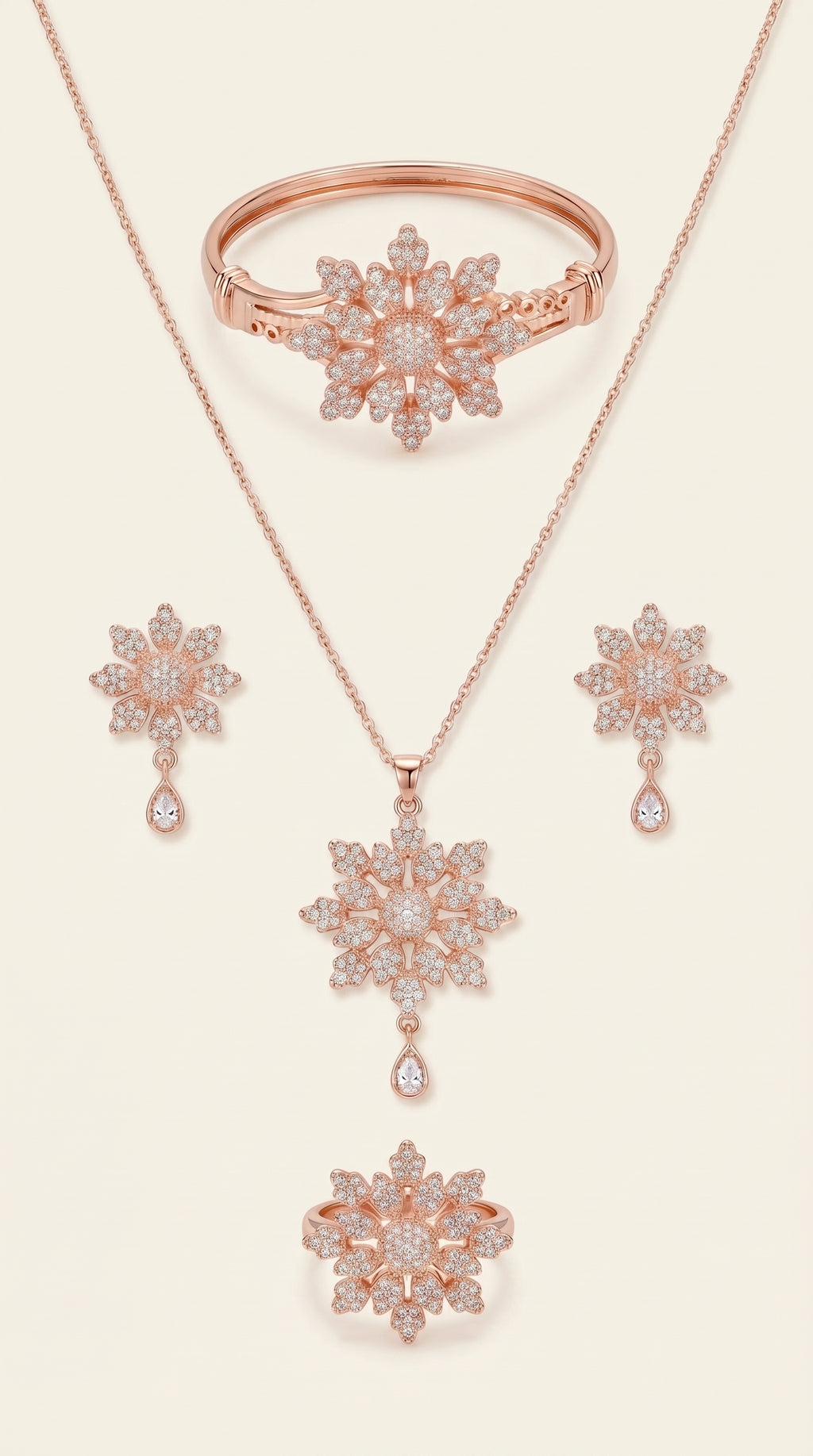 Rose Gold Stainless Steel Floral Snowflake Jewelry Set