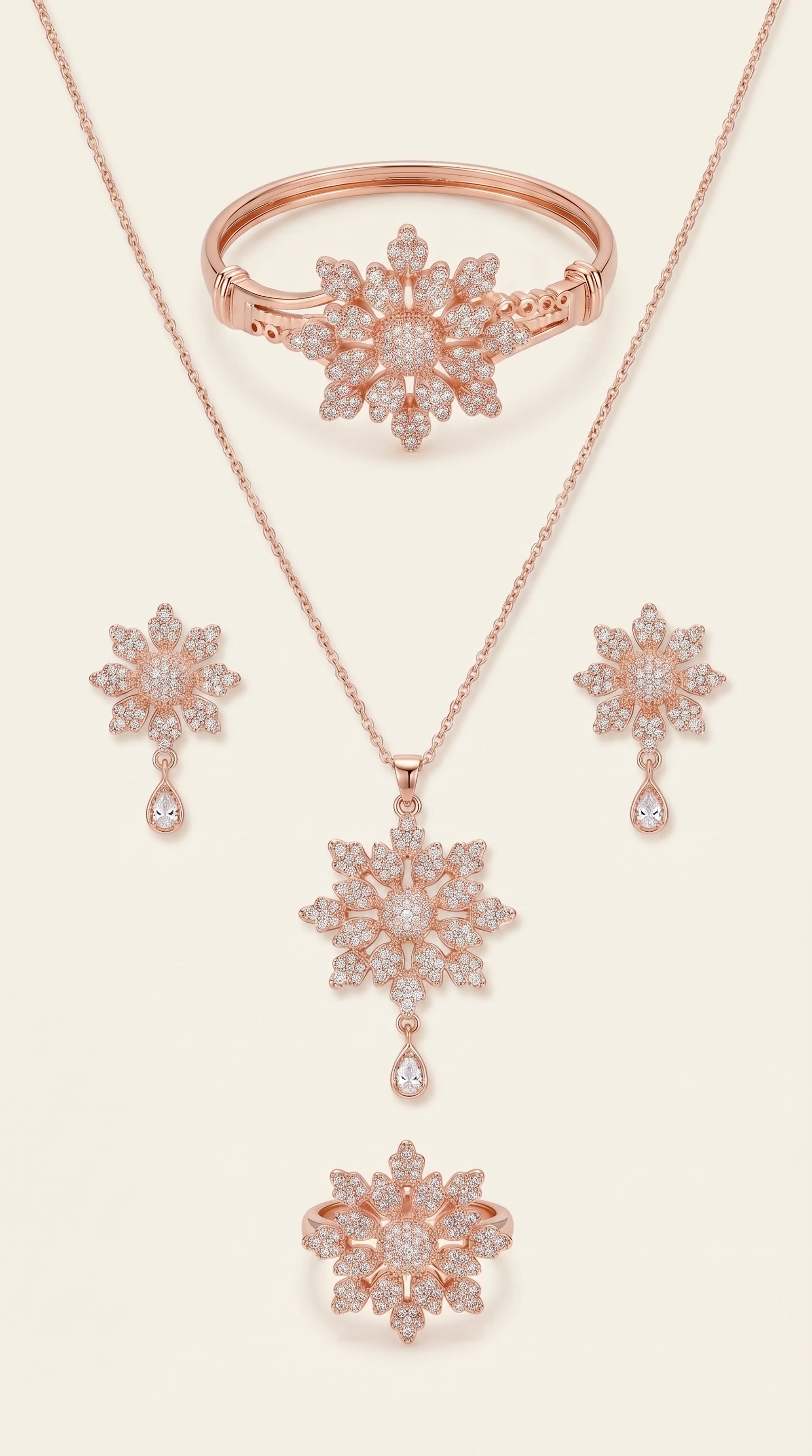 Rose Gold Stainless Steel Floral Snowflake Jewelry Set