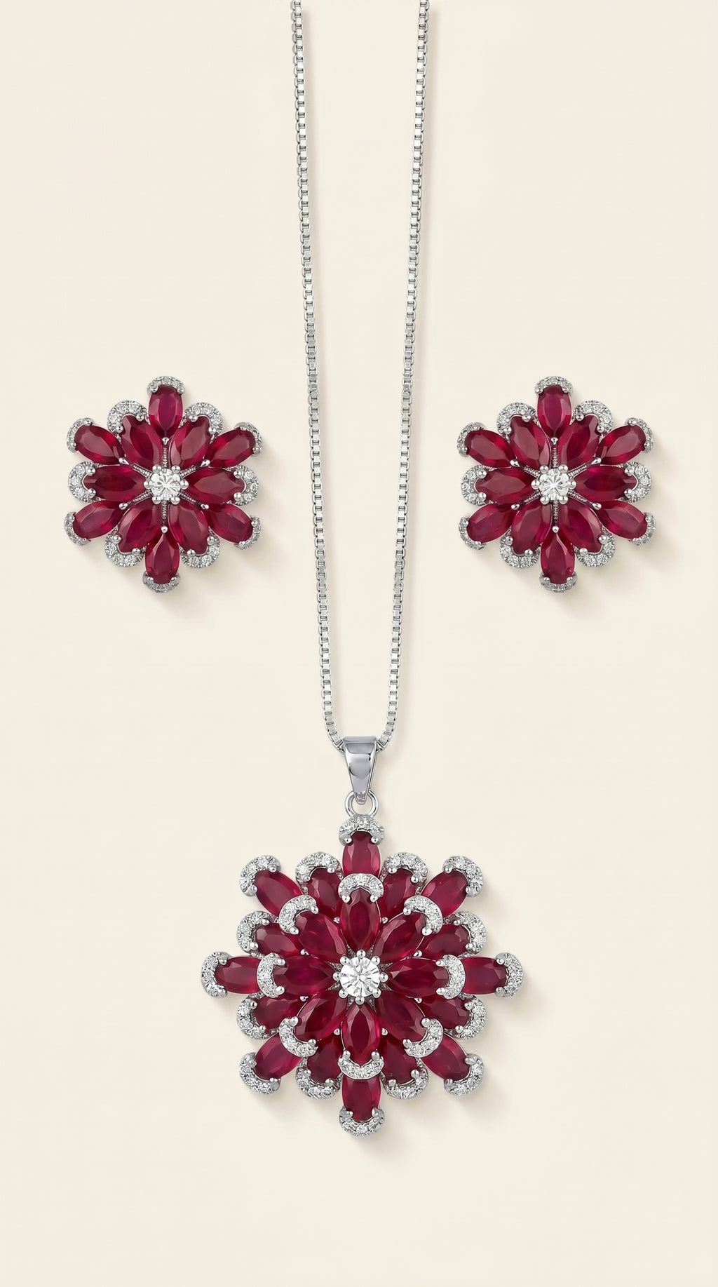 Red Ruby Floral Stainless Steel Jewelry Set – Necklace & Stud Earrings