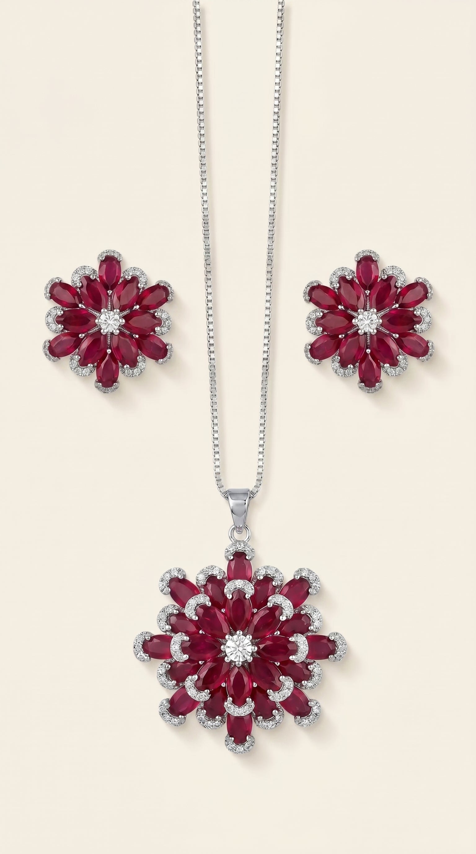 Red Ruby Floral Stainless Steel Jewelry Set – Necklace & Stud Earrings