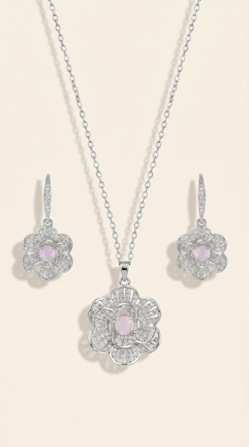 Stainless Steel Silver Flower Necklace Duo with Teardrop Accents
