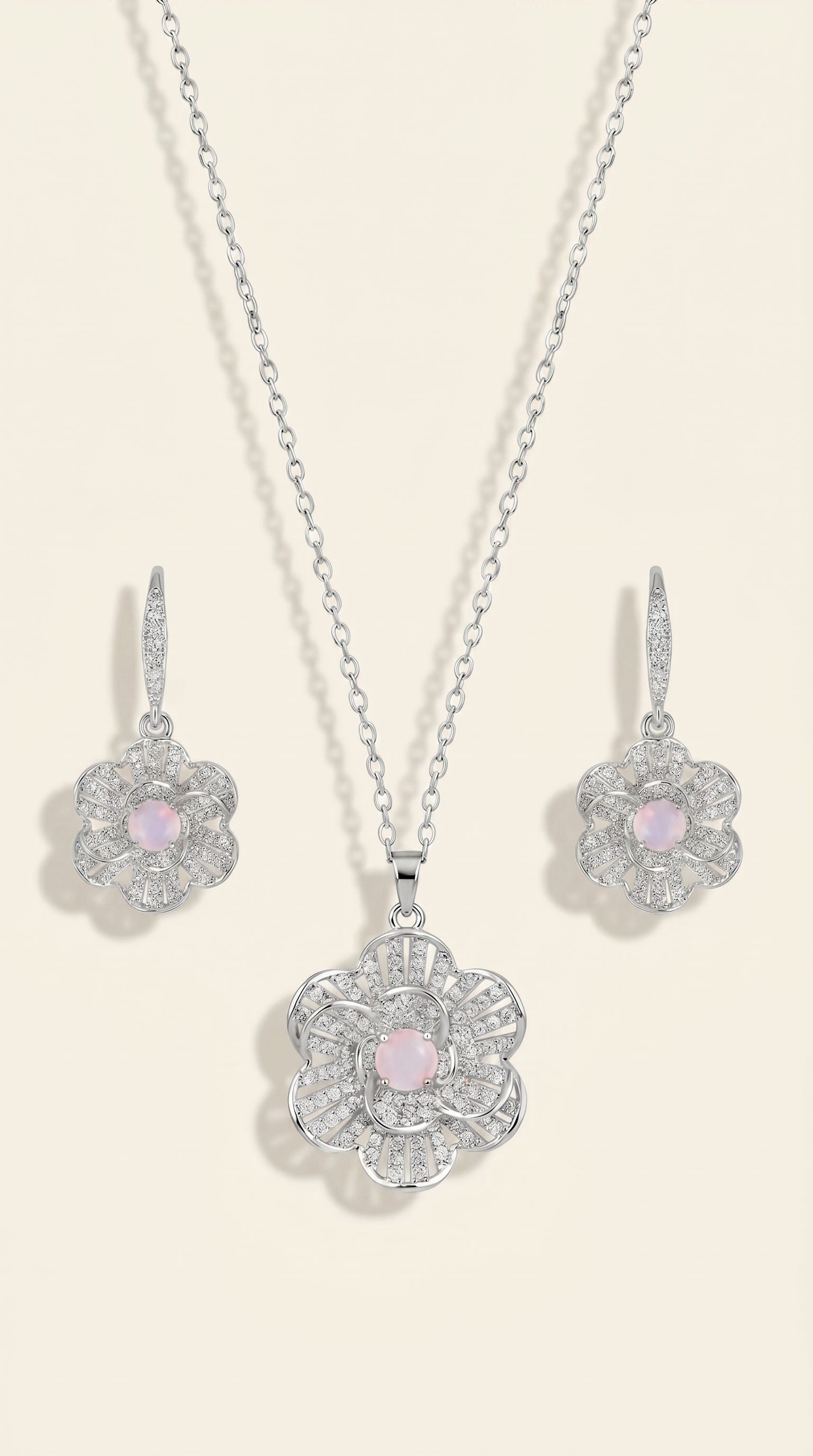 Stainless Steel Silver Flower Necklace Duo with Teardrop Accents