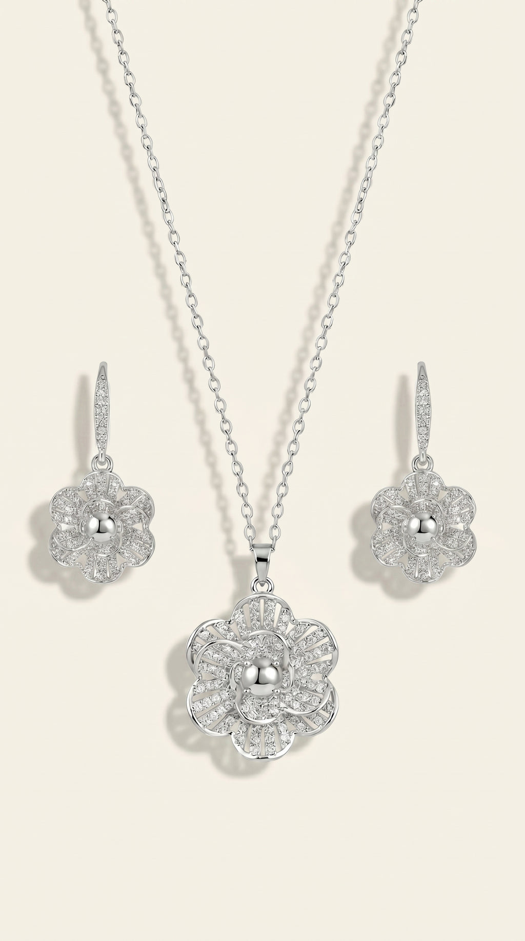 Stainless Steel Silver Flower Necklace Duo with Teardrop Accents