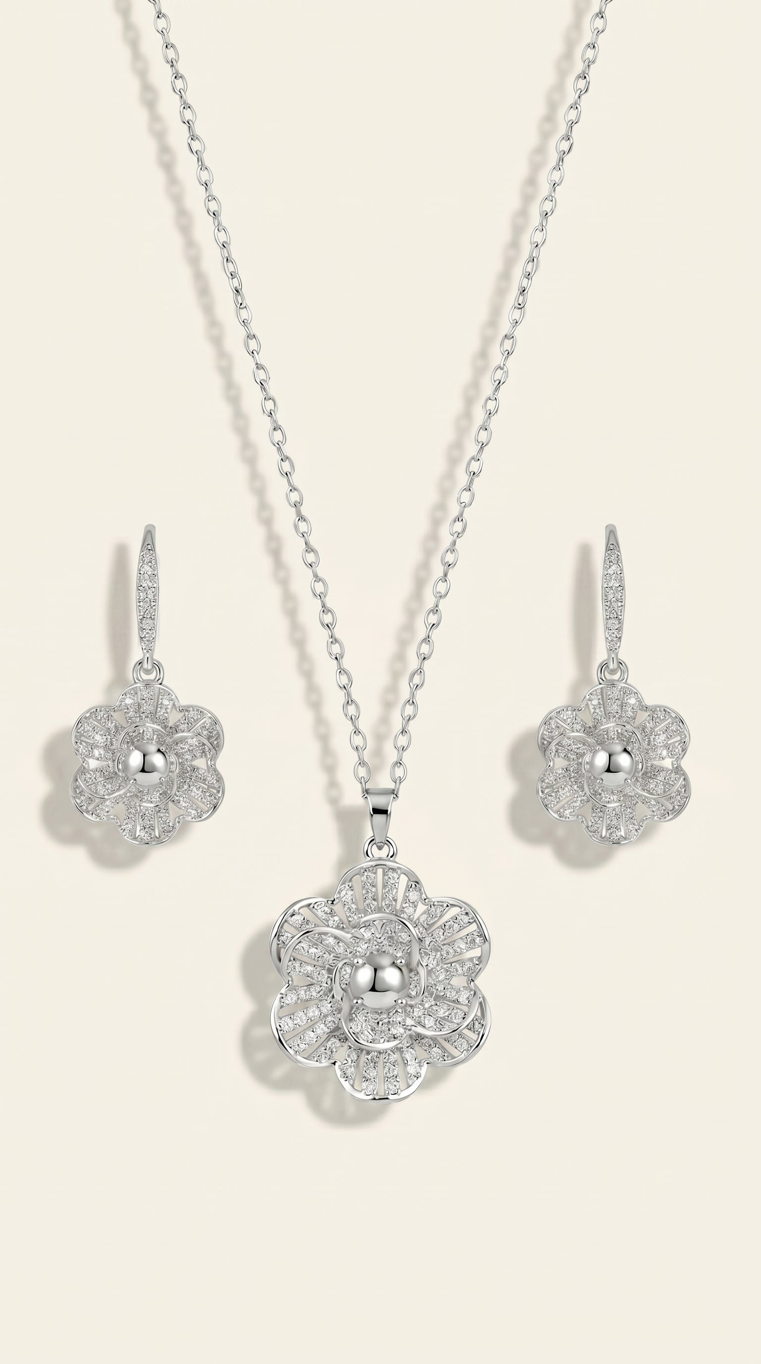 Stainless Steel Silver Flower Necklace Duo with Teardrop Accents
