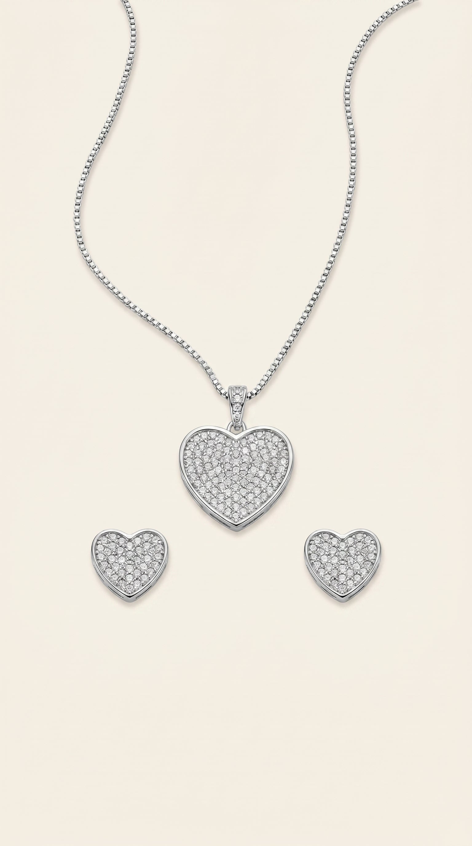 Sparkling Pave Heart Stainless Steel Jewelry Set – Necklace & Earrings