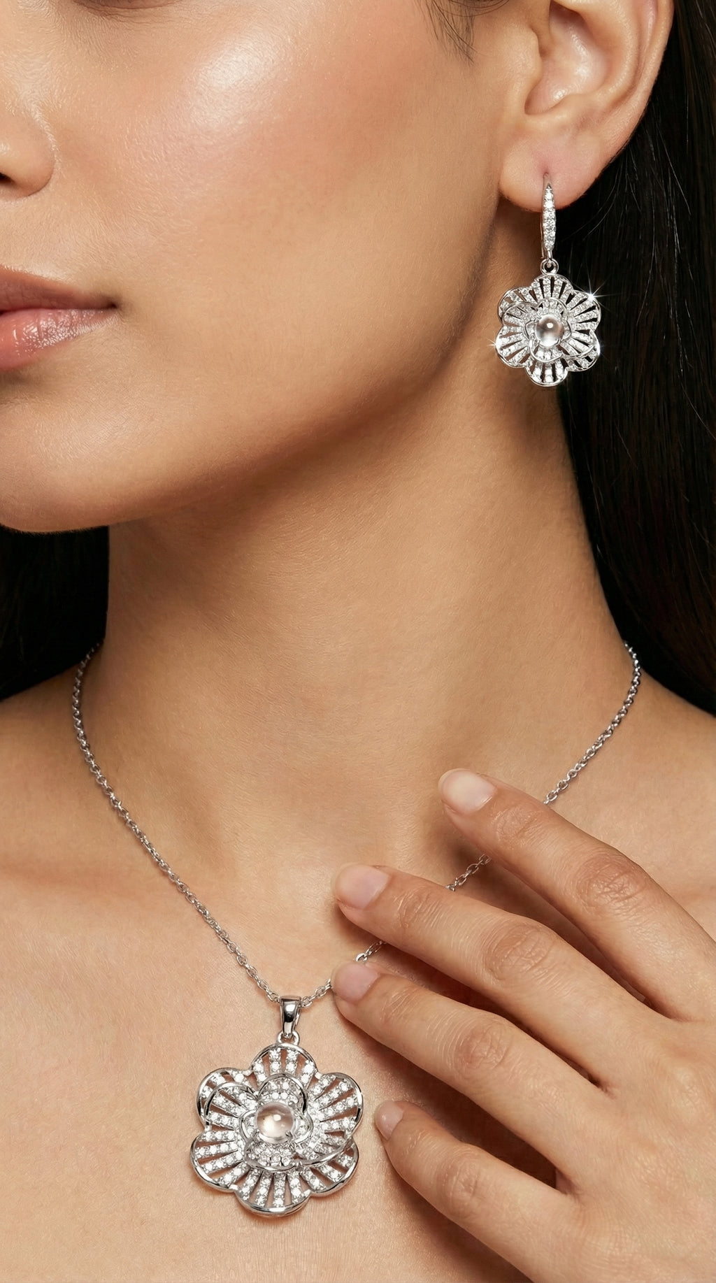 Stainless Steel Silver Flower Necklace Duo with Teardrop Accents