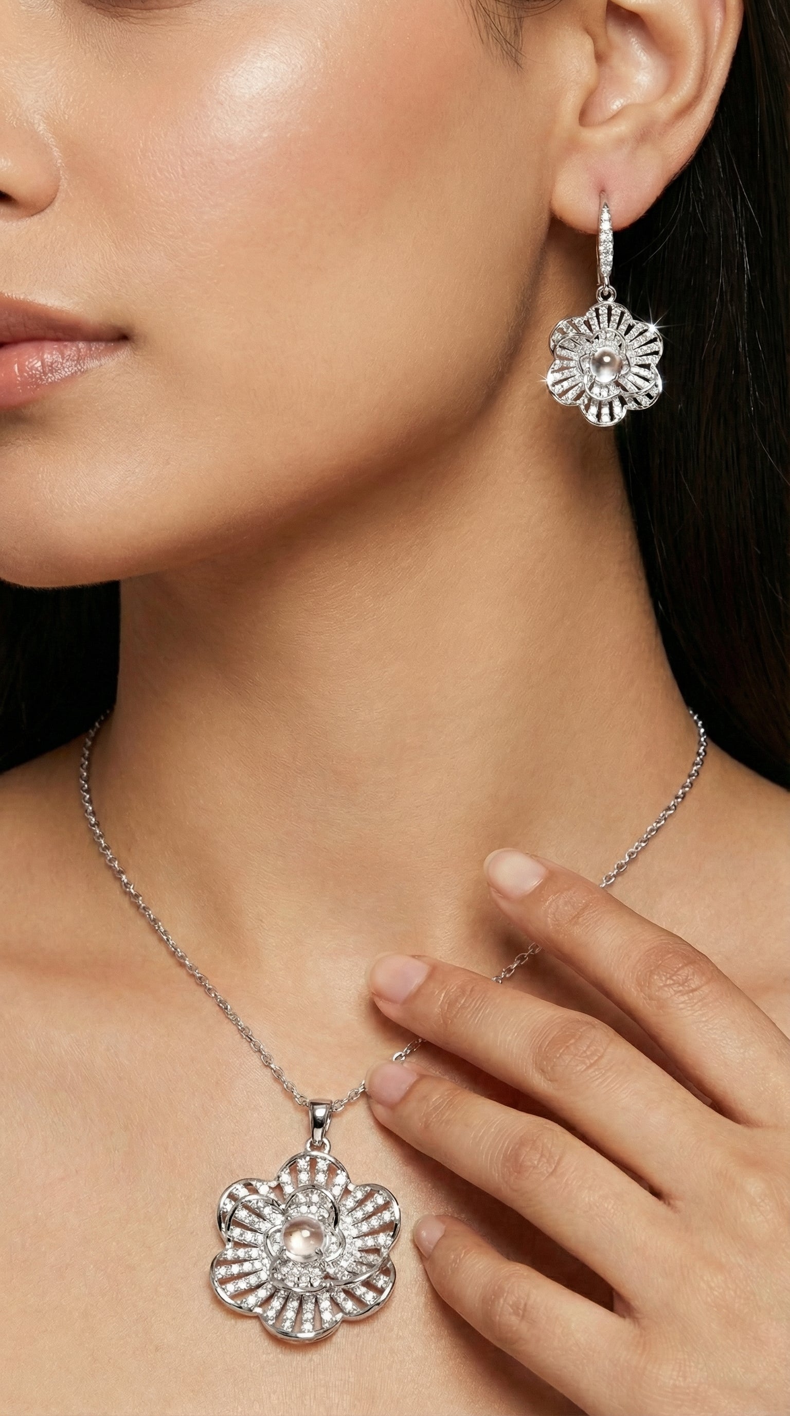 Stainless Steel Silver Flower Necklace Duo with Teardrop Accents