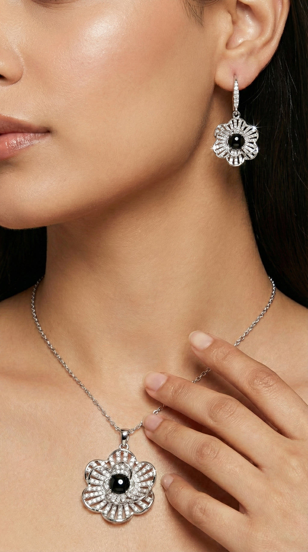 Stainless Steel Silver Flower Necklace Duo with Teardrop Accents